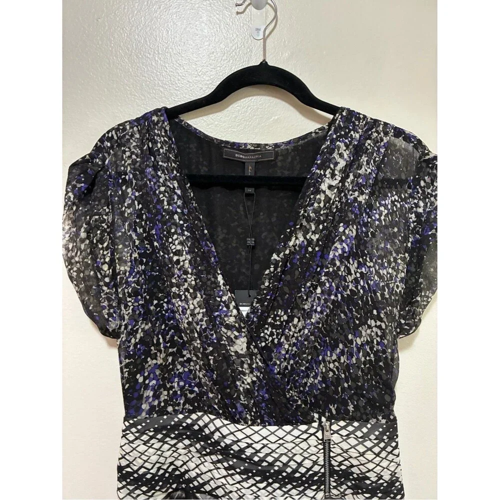 BCBG Maxazria Mixed-Print Black and Purple V-Neck Mini Silk Dress size 4